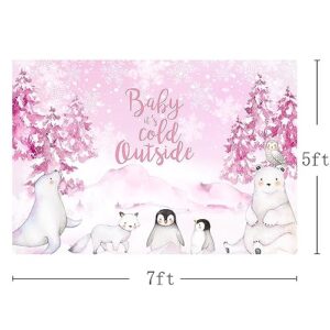 MEHOFOND 7x5ft Winter Baby Shower Backdrop Baby It's Cold Outside Background Pink Watercolor Artic Animals Penguin Baby Shower Party Banner Decorations Photo Booth Props