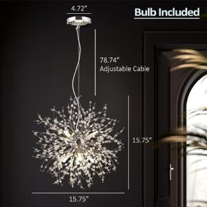 Camastar Modern Small Chandelier, 8 Lights Chrome Firework Chandelier, Dandelion Crystal Chandeliers for Entryway, Sputnik Pendant Light Fixture for Dining Room