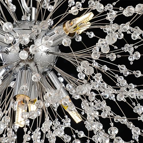 Camastar Modern Small Chandelier, 8 Lights Chrome Firework Chandelier, Dandelion Crystal Chandeliers for Entryway, Sputnik Pendant Light Fixture for Dining Room