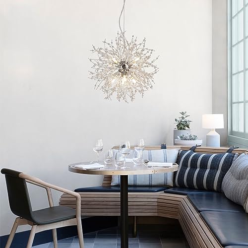 Camastar Modern Small Chandelier, 8 Lights Chrome Firework Chandelier, Dandelion Crystal Chandeliers for Entryway, Sputnik Pendant Light Fixture for Dining Room