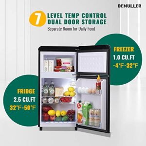 DEMULLER 3.5 Cu.ft Retro Mini Fridge with Freezer Dual Doors & Handles Compact Refrigerator with 7 Thermostat Control Freestanding Small Fridge with LED Light Kitchen Dorm Apartment Office Black