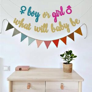 Pre-Strung Boy or Girl What Will Baby Be Banner, Gold Blue Pink Glitter Gender Reveal Decorations, He or She, Blue or Pink, Boy or Girl We Love You Banner, Baby Shower Gender Reveal Party Supplies