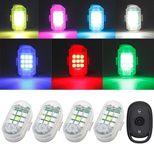 QVEVDACAR 4Pcs LED Anti-Collision Lights With Remote, 7 Colors USB Rechargeable Flashing Lights Wireless Led Strobe Lights for Cars Drone Aircraft Motorcycle Bike Emergency Warning Signal Lights