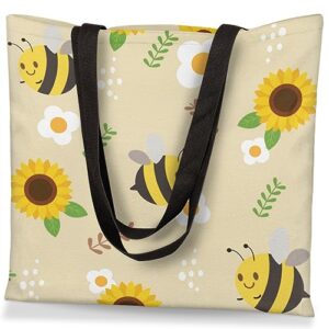 qsirbc cartoon sunflower bee canvas tote bag for women reusable shoulder totebag with pocket casual handbag for shopping work travel gift