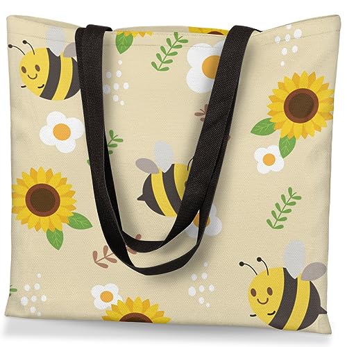 QsirBC Cartoon Sunflower Bee Canvas Tote Bag for Women Reusable Shoulder Totebag with Pocket Casual Handbag for Shopping Work Travel Gift