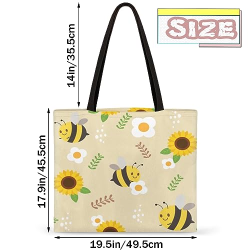 QsirBC Cartoon Sunflower Bee Canvas Tote Bag for Women Reusable Shoulder Totebag with Pocket Casual Handbag for Shopping Work Travel Gift