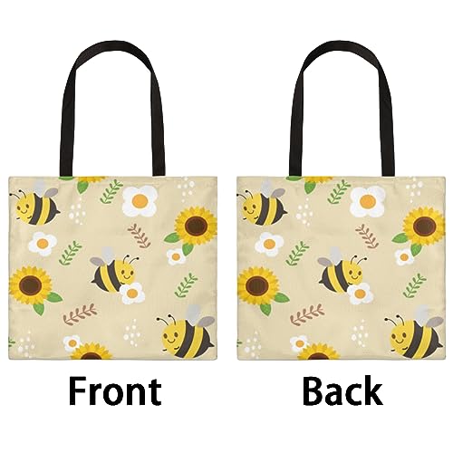 QsirBC Cartoon Sunflower Bee Canvas Tote Bag for Women Reusable Shoulder Totebag with Pocket Casual Handbag for Shopping Work Travel Gift