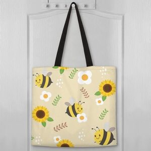 QsirBC Cartoon Sunflower Bee Canvas Tote Bag for Women Reusable Shoulder Totebag with Pocket Casual Handbag for Shopping Work Travel Gift