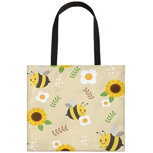 QsirBC Cartoon Sunflower Bee Canvas Tote Bag for Women Reusable Shoulder Totebag with Pocket Casual Handbag for Shopping Work Travel Gift