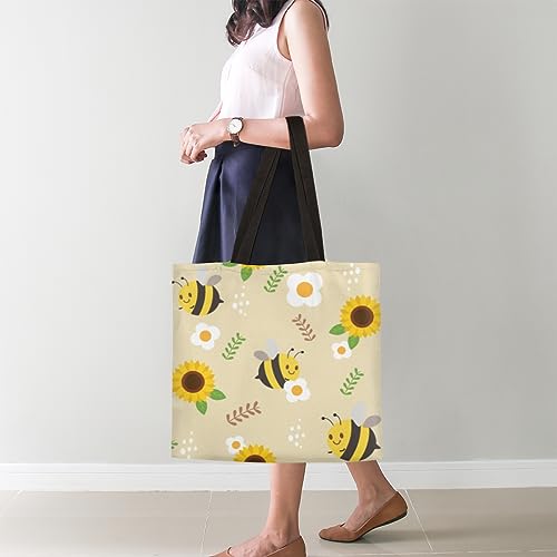 QsirBC Cartoon Sunflower Bee Canvas Tote Bag for Women Reusable Shoulder Totebag with Pocket Casual Handbag for Shopping Work Travel Gift