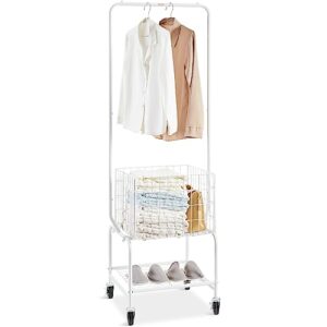vevor metal rolling laundry basket with hanging garment rack, laundry hamper cart adjustable height with basket load and shelf load, storage organizer with heavy duty lockable wheels