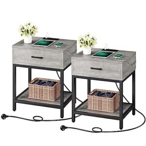 gaomon set of 2 grey nightstands with charging station end side table with storage drawer and shelf, modern night stand bedside table for bedroom living room, nursery, dorm