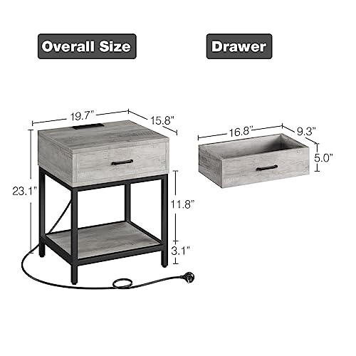 GAOMON Set of 2 Grey Nightstands with Charging Station End Side Table with Storage Drawer and Shelf, Modern Night Stand Bedside Table for Bedroom Living Room, Nursery, Dorm