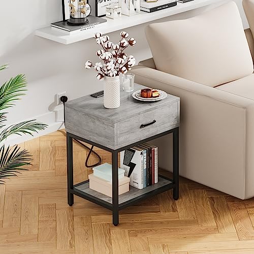 GAOMON Set of 2 Grey Nightstands with Charging Station End Side Table with Storage Drawer and Shelf, Modern Night Stand Bedside Table for Bedroom Living Room, Nursery, Dorm