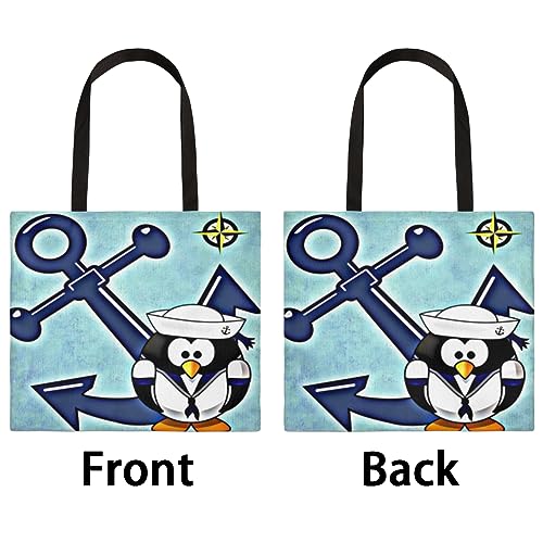 QsirBC Captain Penguin Anchor Canvas Tote Bag for Women Reusable Shoulder Totebag with Pocket Casual Handbag for Shopping Work Travel Gift