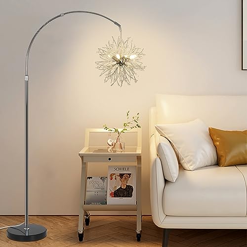 Crystal Arc Floor Lamps for Living Room, Modern Floor Lamp with Marble Base, Adjustable Height Standing Lamp, Mid Century Tall Lamp for Girls Room, Over Couch Arched Reading Light for Bedroom, Office