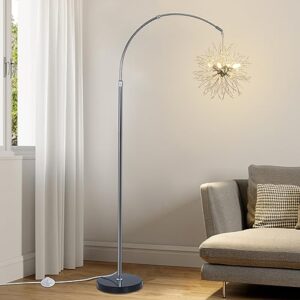 Crystal Arc Floor Lamps for Living Room, Modern Floor Lamp with Marble Base, Adjustable Height Standing Lamp, Mid Century Tall Lamp for Girls Room, Over Couch Arched Reading Light for Bedroom, Office