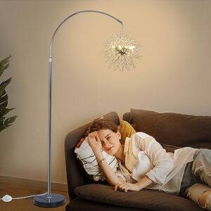 Crystal Arc Floor Lamps for Living Room, Modern Floor Lamp with Marble Base, Adjustable Height Standing Lamp, Mid Century Tall Lamp for Girls Room, Over Couch Arched Reading Light for Bedroom, Office