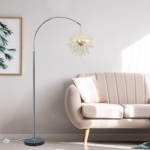 Crystal Arc Floor Lamps for Living Room, Modern Floor Lamp with Marble Base, Adjustable Height Standing Lamp, Mid Century Tall Lamp for Girls Room, Over Couch Arched Reading Light for Bedroom, Office