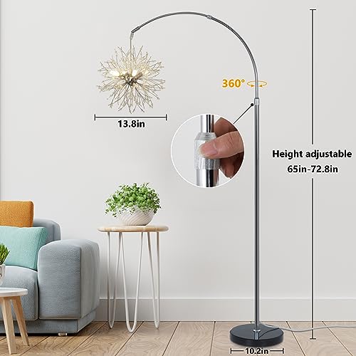 Crystal Arc Floor Lamps for Living Room, Modern Floor Lamp with Marble Base, Adjustable Height Standing Lamp, Mid Century Tall Lamp for Girls Room, Over Couch Arched Reading Light for Bedroom, Office