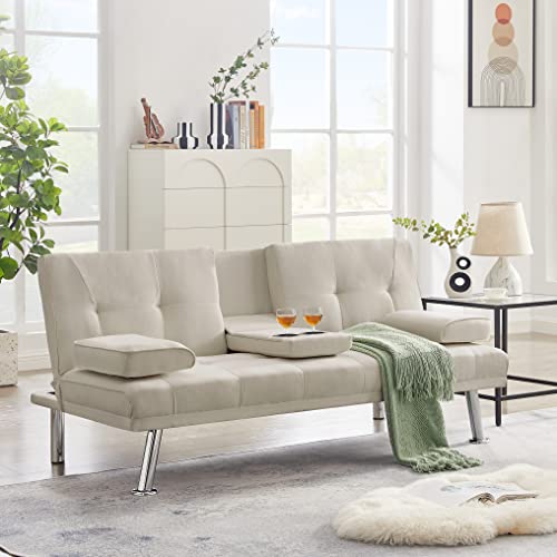 Eafurn Upholstered Futon Sofa Bed with Mattress and Frame, Convertible Loveseat Lounge Couch Daybed,Folding Love Seat w/Adjustable Backrest Sofabed, Beige Fabric w/ 2 Cupholders