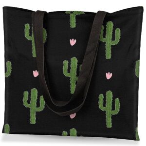qsirbc love cactus canvas tote bag for women reusable shoulder totebag with pocket casual handbag for shopping work travel gift