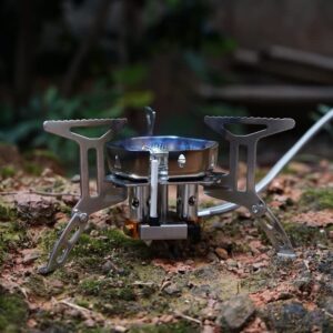 Joyeee Portable Gas Camping Stove, 20000 BTU of Power Mini Lightweight Folding Temperature Control 3-Burner Stove, Stable Support, Fishing Hiking Stove, Outdoor Cooking & Hiking Picnic BBQ Cooker