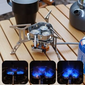 Joyeee Portable Gas Camping Stove, 20000 BTU of Power Mini Lightweight Folding Temperature Control 3-Burner Stove, Stable Support, Fishing Hiking Stove, Outdoor Cooking & Hiking Picnic BBQ Cooker