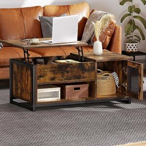 yitahome lift top coffee table, coffee table for living room,wood coffee table with storage,hidden compartment and double metal mesh door cabinet,rustic brown