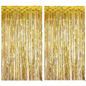 2pcs party decoration backdrop 3.28 * 6.63 feet foil fringe curtain tinsel streamer photo backgrounds hanging decorations for baby shower gender reveal birthday wedding themed party supplies gold