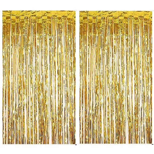 2PCS Party Decoration Backdrop 3.28 * 6.63 Feet Foil Fringe Curtain Tinsel Streamer Photo Backgrounds Hanging Decorations for Baby Shower Gender Reveal Birthday Wedding Themed Party Supplies Gold