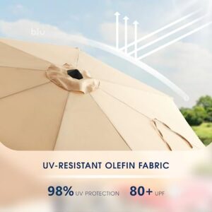 BLUU MAPLE 9FT Olefin Patio Umbrella Outdoor Table Umbrellas, 36 Month Fade Resistance Olefin Canopy, Market Center Umbrellas with 8 Strudy Ribs & Push Button Tilt for Garden, Lawn & Pool, Beige