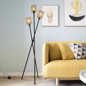 stepeak rattan tripod floor lamp, boho farmhouse floor lamps for living room with on/off foot switch, 3-lights modern standing lamp with rattan shades, wicker tall floor lamp for bedroom office