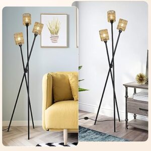 Stepeak Rattan Tripod Floor Lamp, Boho Farmhouse Floor Lamps for Living Room with ON/Off Foot Switch, 3-Lights Modern Standing Lamp with Rattan Shades, Wicker Tall Floor Lamp for Bedroom Office