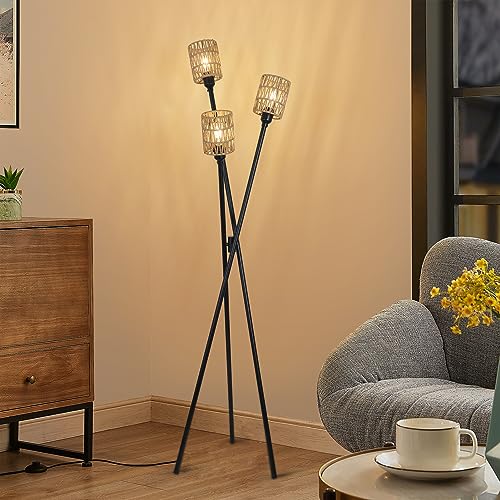 Stepeak Rattan Tripod Floor Lamp, Boho Farmhouse Floor Lamps for Living Room with ON/Off Foot Switch, 3-Lights Modern Standing Lamp with Rattan Shades, Wicker Tall Floor Lamp for Bedroom Office