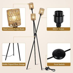 Stepeak Rattan Tripod Floor Lamp, Boho Farmhouse Floor Lamps for Living Room with ON/Off Foot Switch, 3-Lights Modern Standing Lamp with Rattan Shades, Wicker Tall Floor Lamp for Bedroom Office