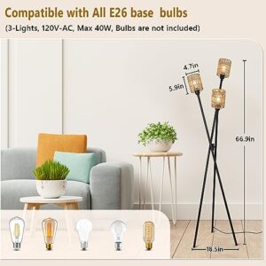 Stepeak Rattan Tripod Floor Lamp, Boho Farmhouse Floor Lamps for Living Room with ON/Off Foot Switch, 3-Lights Modern Standing Lamp with Rattan Shades, Wicker Tall Floor Lamp for Bedroom Office