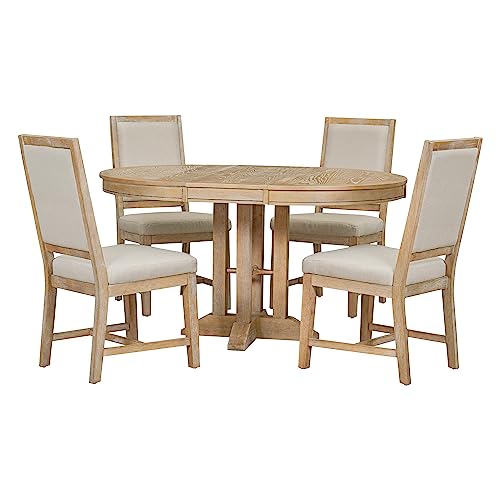 Dining Table Set for 4 Round Extendable Kitchen Table and Chairs 5 Piece Farmhouse Solid Wood Round Dinner Table Set for Dining Room Dinette Breakfast Nook, Natural Wood Wash