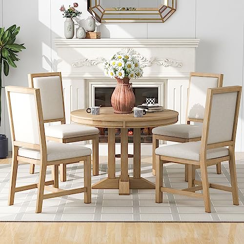 Dining Table Set for 4 Round Extendable Kitchen Table and Chairs 5 Piece Farmhouse Solid Wood Round Dinner Table Set for Dining Room Dinette Breakfast Nook, Natural Wood Wash