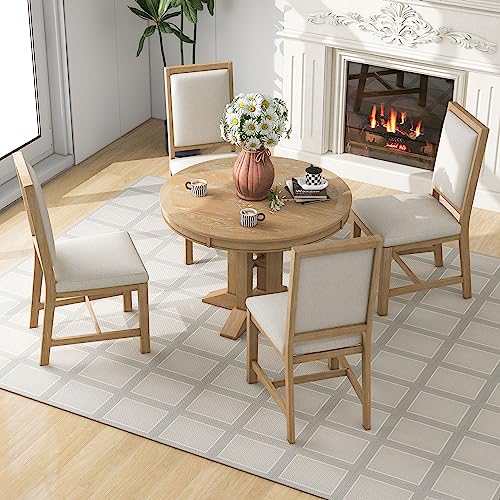 Dining Table Set for 4 Round Extendable Kitchen Table and Chairs 5 Piece Farmhouse Solid Wood Round Dinner Table Set for Dining Room Dinette Breakfast Nook, Natural Wood Wash