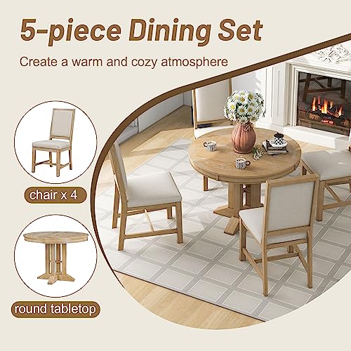 Dining Table Set for 4 Round Extendable Kitchen Table and Chairs 5 Piece Farmhouse Solid Wood Round Dinner Table Set for Dining Room Dinette Breakfast Nook, Natural Wood Wash