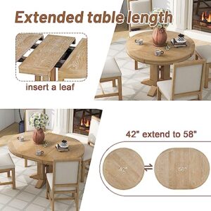 Dining Table Set for 4 Round Extendable Kitchen Table and Chairs 5 Piece Farmhouse Solid Wood Round Dinner Table Set for Dining Room Dinette Breakfast Nook, Natural Wood Wash