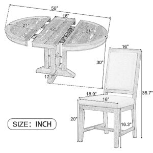 Dining Table Set for 4 Round Extendable Kitchen Table and Chairs 5 Piece Farmhouse Solid Wood Round Dinner Table Set for Dining Room Dinette Breakfast Nook, Natural Wood Wash