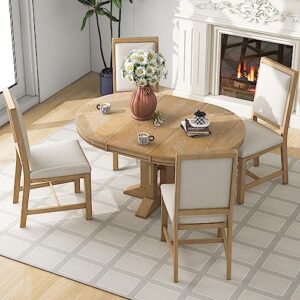 Dining Table Set for 4 Round Extendable Kitchen Table and Chairs 5 Piece Farmhouse Solid Wood Round Dinner Table Set for Dining Room Dinette Breakfast Nook, Natural Wood Wash