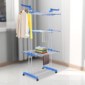 clothes drying rack,oversized 4-tier(67.7" high) foldable stainless steel drying rack clothing,movable drying rack with 4 castors, 24 drying poles & 14 hooks for bed linen, clothing, grey/blue (blue)