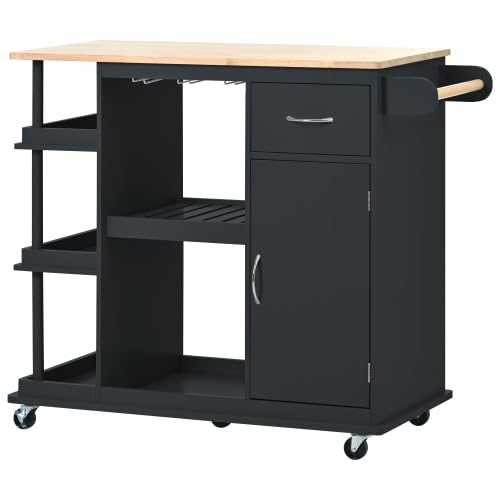 Blomed Multipurpose Kitchen Cart Cabinet with Side Storage Shelves,Rubber Wood Top, Adjustable Storage Shelves, 5 Wheels, Kitchen Storage Island with Wine Rack for Dining Room, Home,Bar,Black