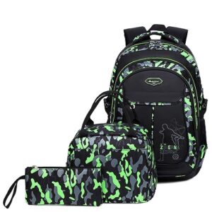 goldwheat school backpack for boys cool camouflage bookbags with lunch box pencil case 3pcs for middle school, green