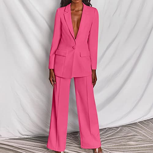 Pink Blazer for Women Casual Solid Long Sleeve Suit Button Coat High Waist Long Pant 16 Piece Set Womens Jacket and Pants