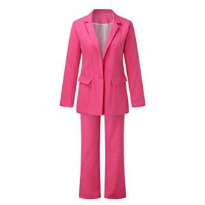 Pink Blazer for Women Casual Solid Long Sleeve Suit Button Coat High Waist Long Pant 16 Piece Set Womens Jacket and Pants