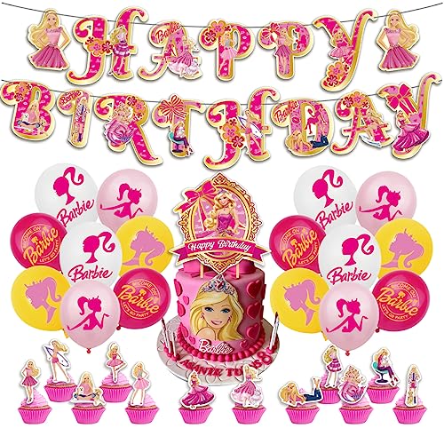 Birthday Party Supplies for Barbie, babi Party Decorations Include Happy Birthday Banner, Cake Topper, Cupcake Toppers, Latex Balloons.